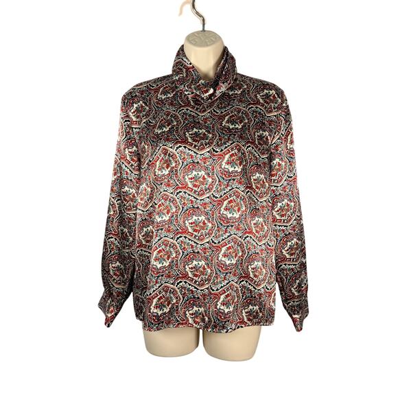 Vtg Jessica Lynn Blouse 8 Silky Polyester Red Green Floral Twisted Turtleneck - Picture 1 of 16